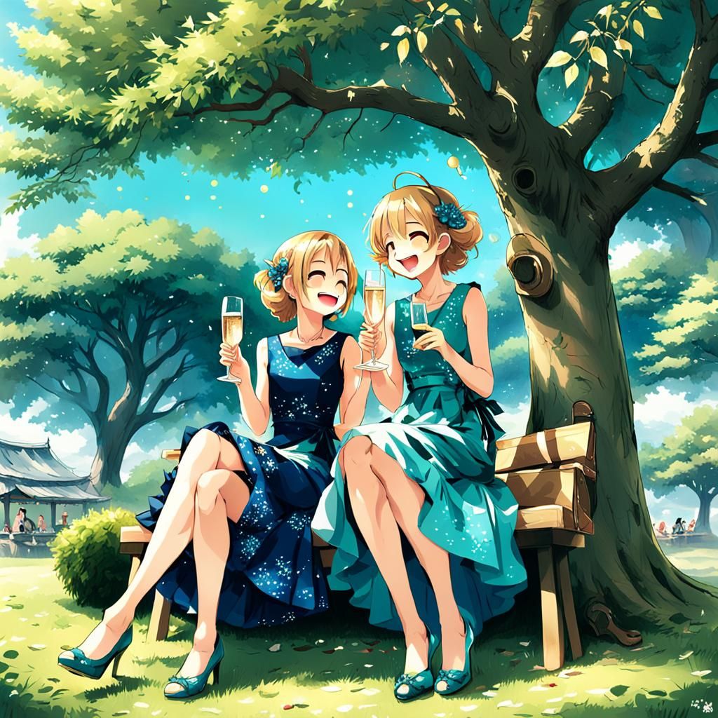 Two Friends Celebrate in Elegant Dresses