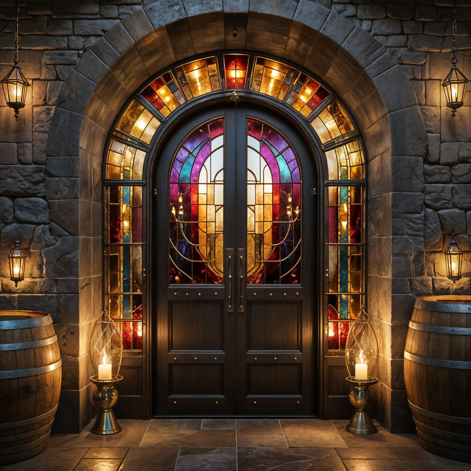 Shimmering Stained Glass Wine Cellar Archway