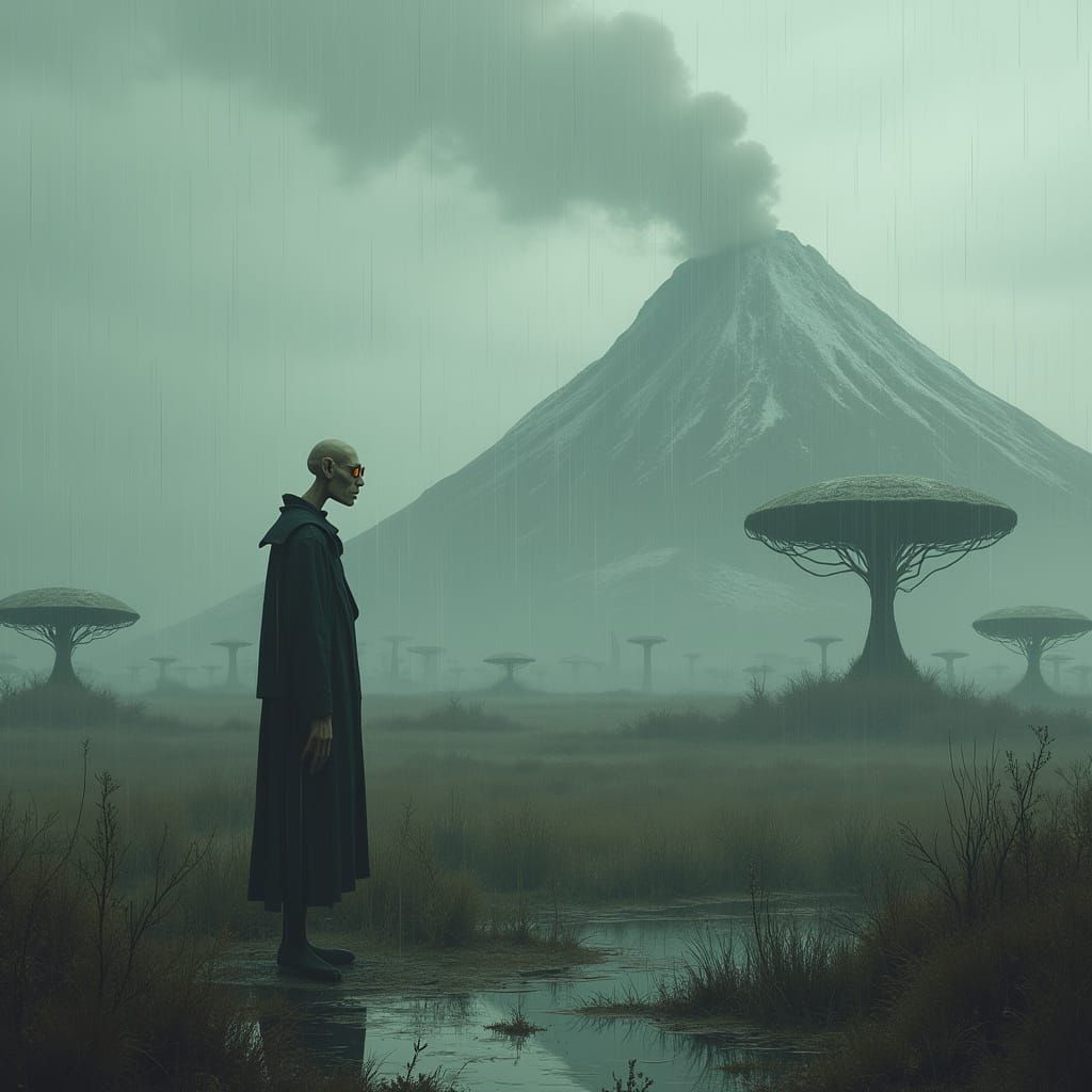 Ethereal Village in Misty Marshland, Cyberpunk Style