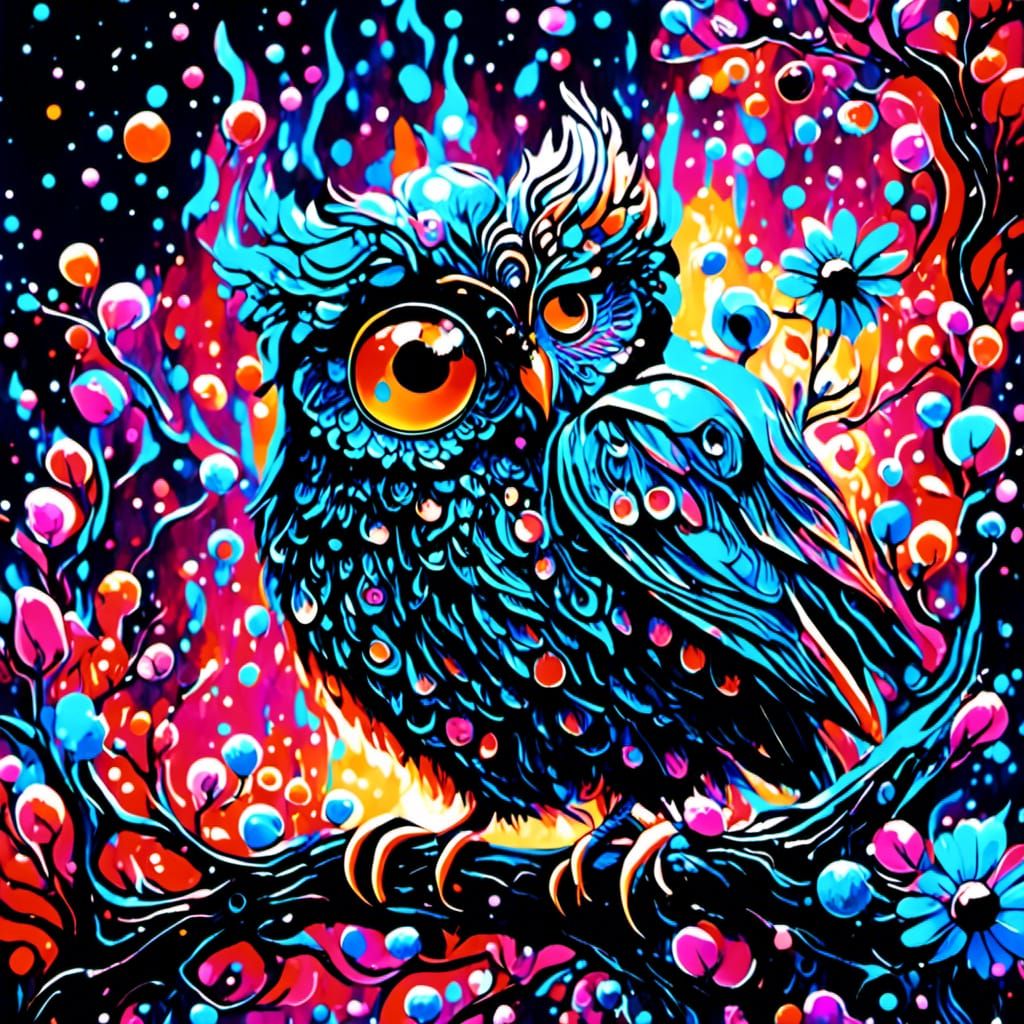 Intricate Owl Fantasy Art in Bold Colors