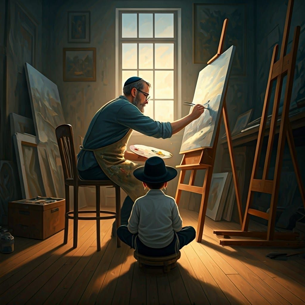 Painter in Studio Depicts Approaching Winter as Oil Painting