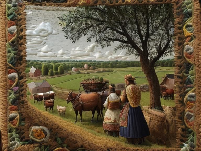 Embroidered Farm Scene of Summer Life