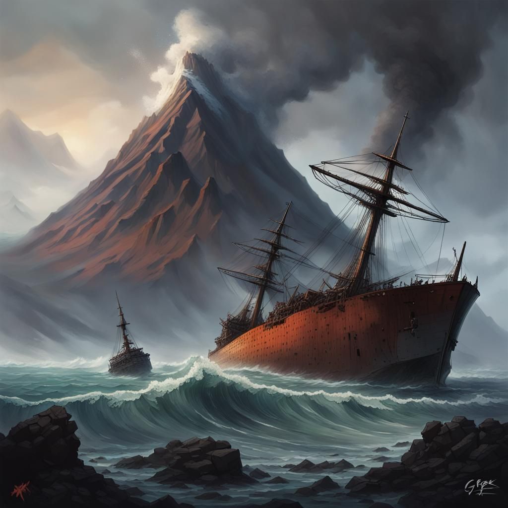 Sinister Shipwreck at Gloomy Volcanic Beach