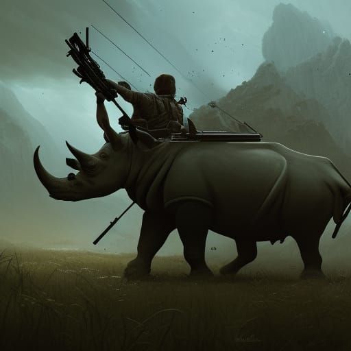 Poacher Aiming at Rhinoceros: Dark Fantasy Concept Art