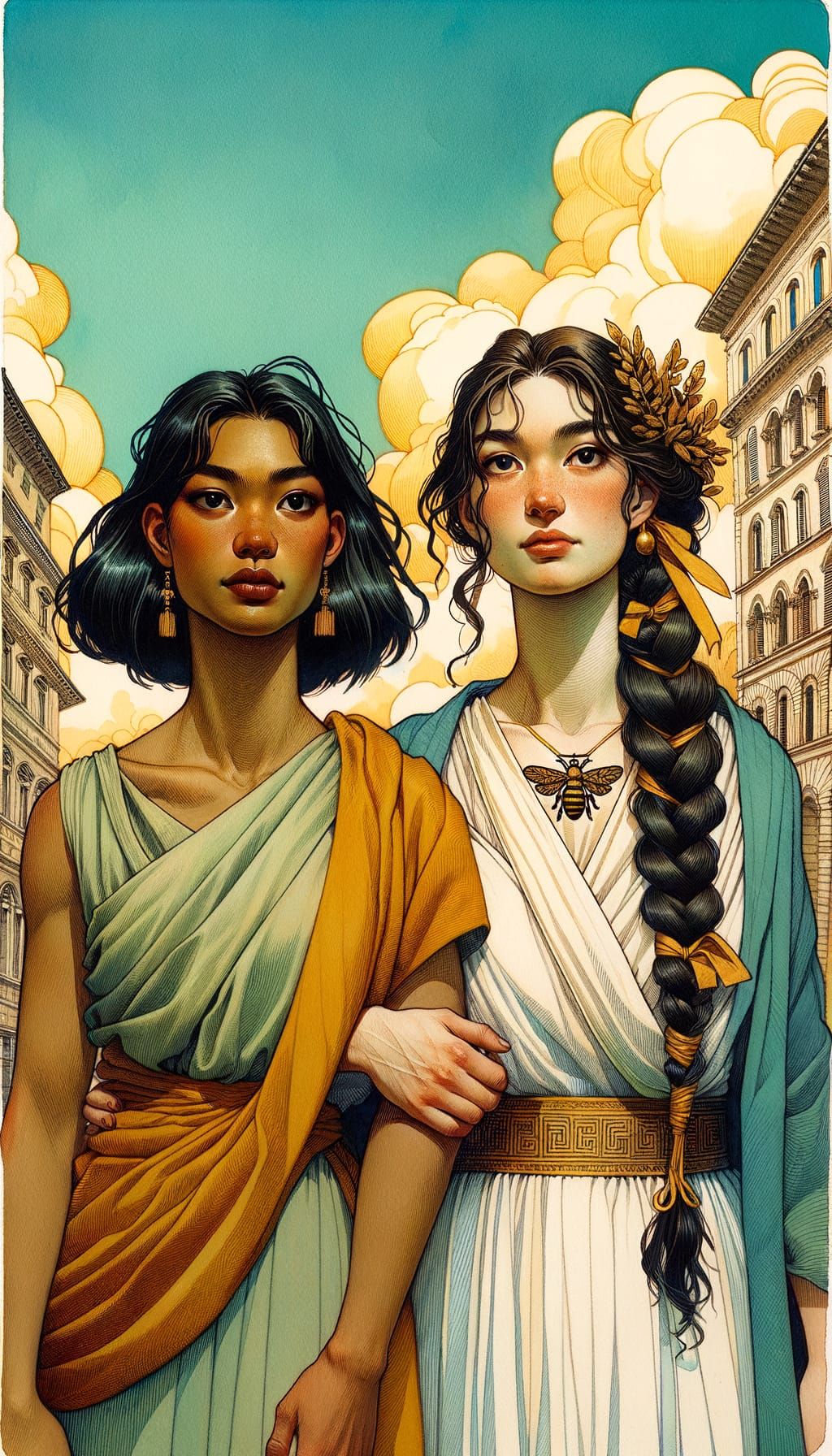Two Women in Greek Attire, Illustrative Style