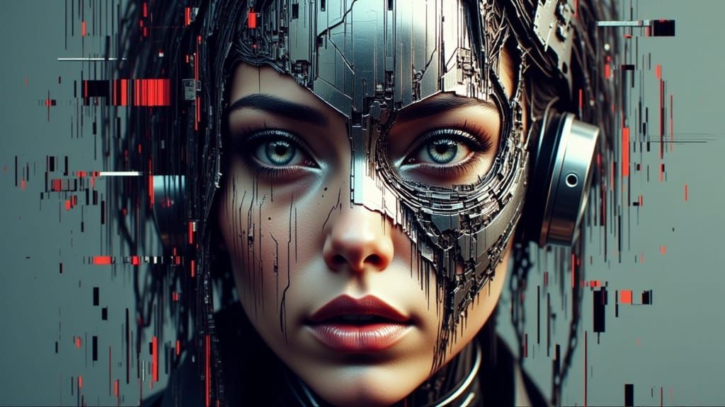 Glitching Cyborg Portrait in Steampunk Style