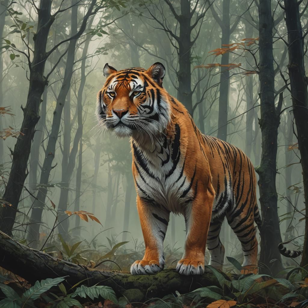 Majestic Tiger in Forest Light: Hyperrealistic Art