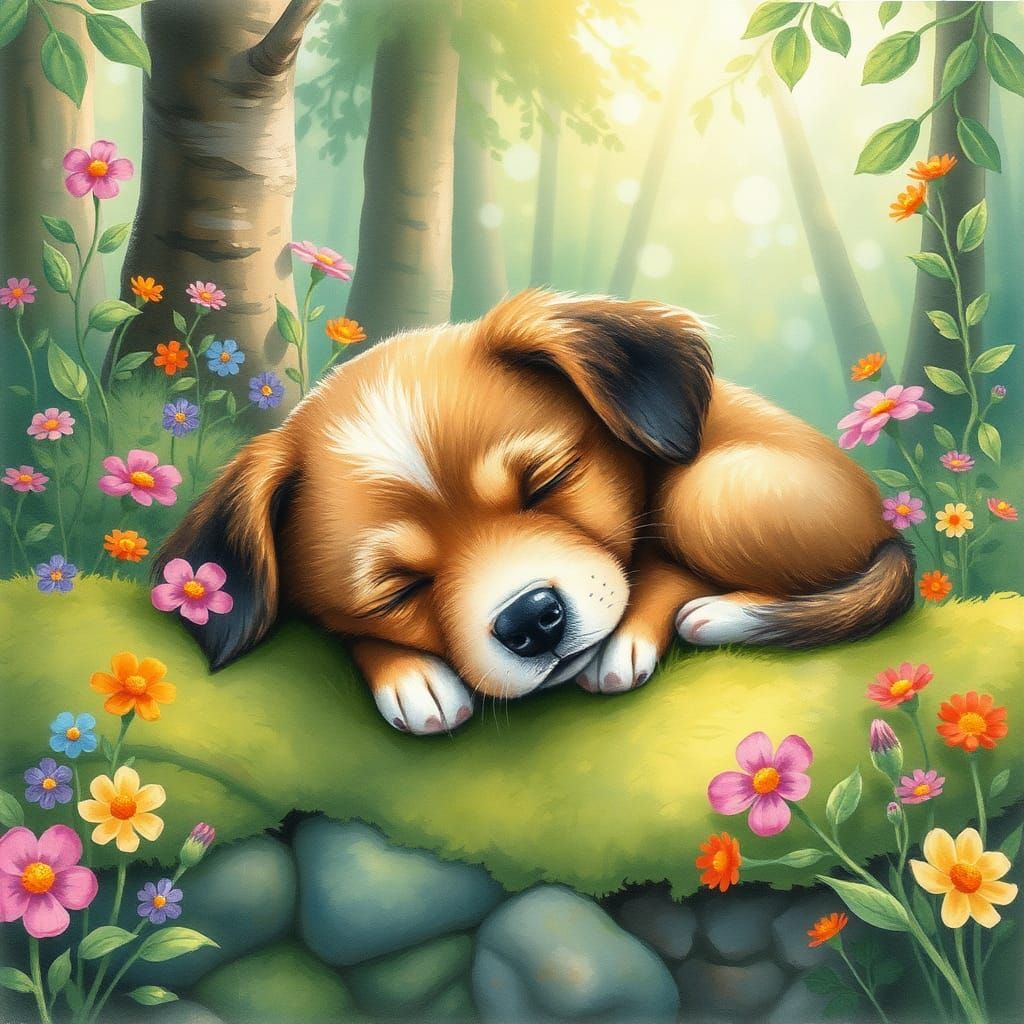 Puppy Asleep in Dreamy Watercolor Forest