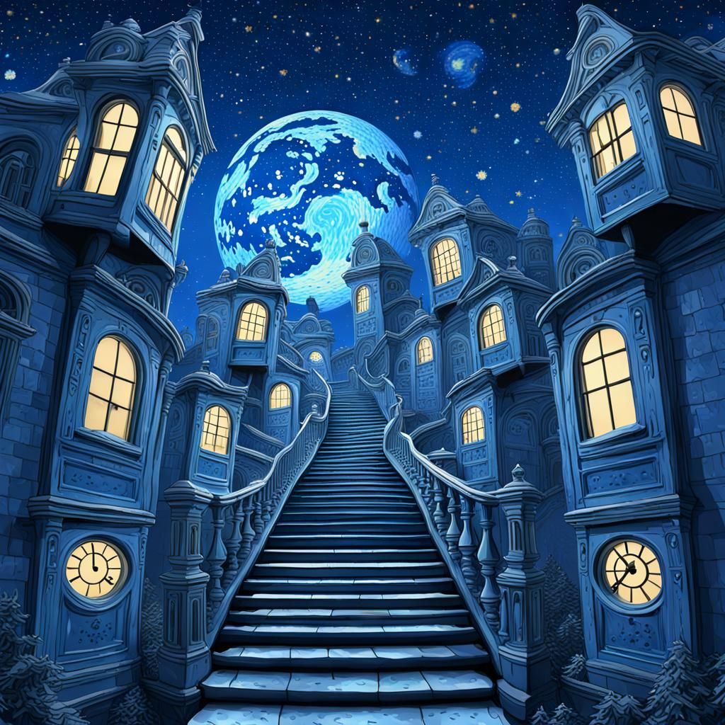 Surreal Clock Stairways Ascend to Starry Night