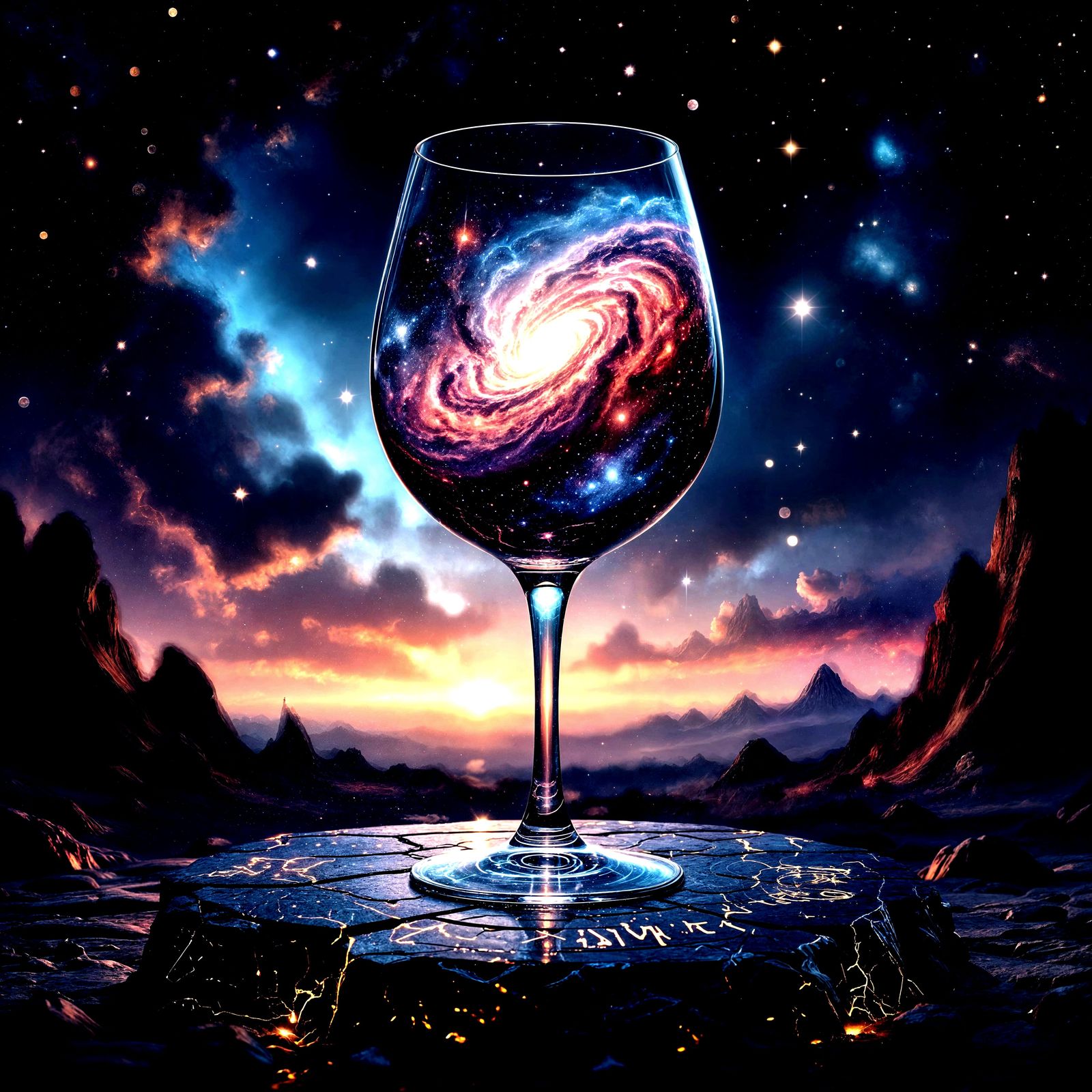 Cosmic Wine Glass on Obsidian Altar