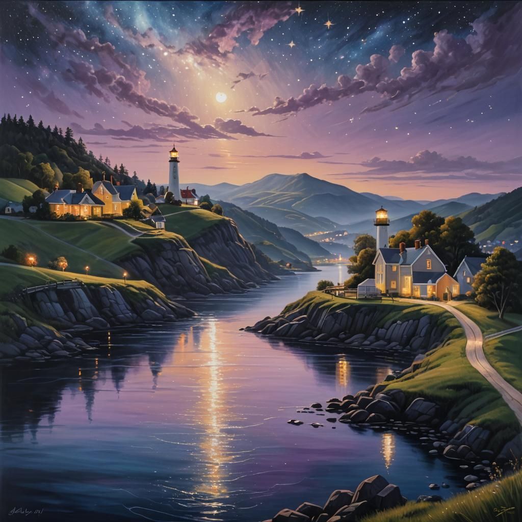River Scene with Lighthouse: Hyper-Realistic Oil Painting