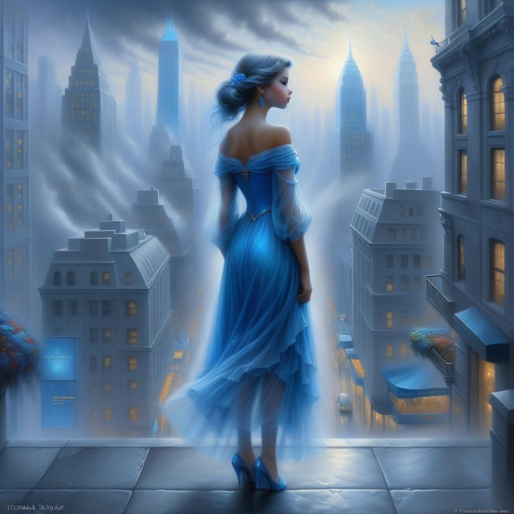 Vibrant Blue Girl in Grey Cityscape