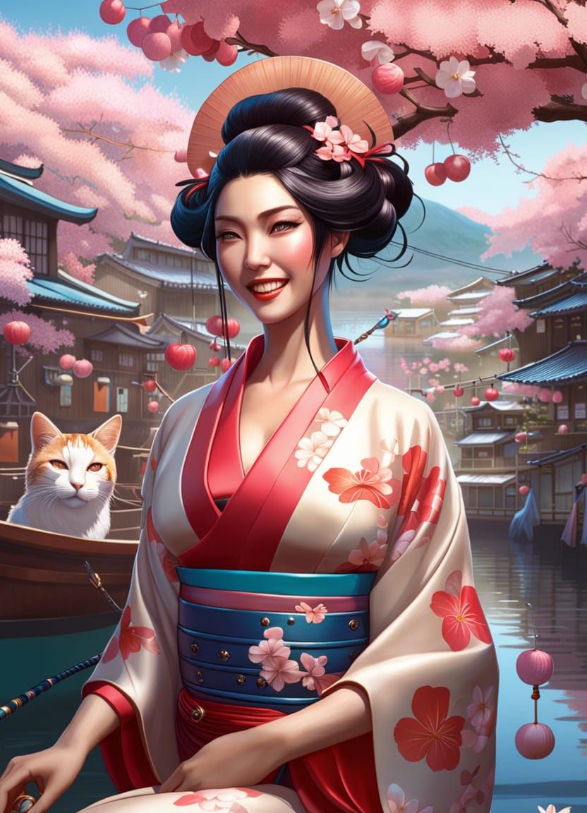 A cat from Japan's famous Aoshima Island (Cat Island) with a pretty geisha girl