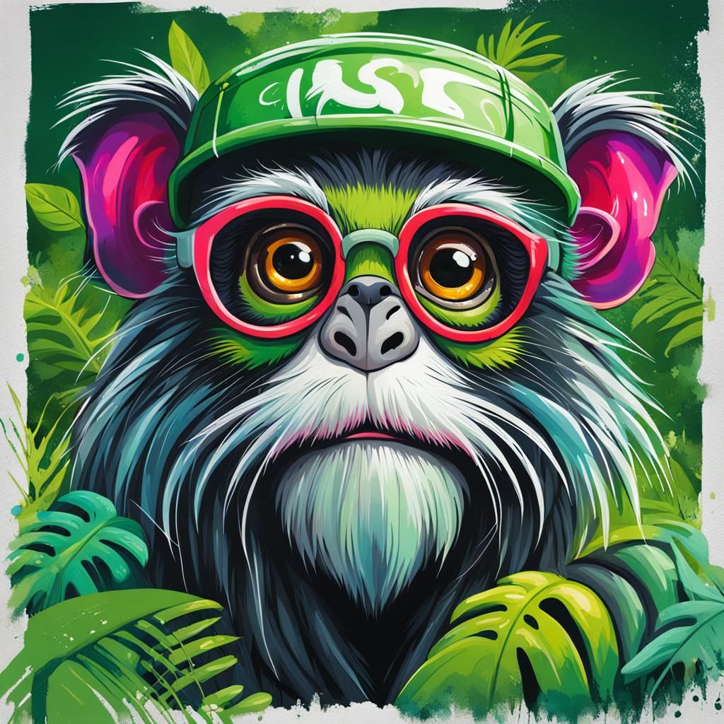 Emperor Tamarin in Tropical Forest: Graffiti Art Style