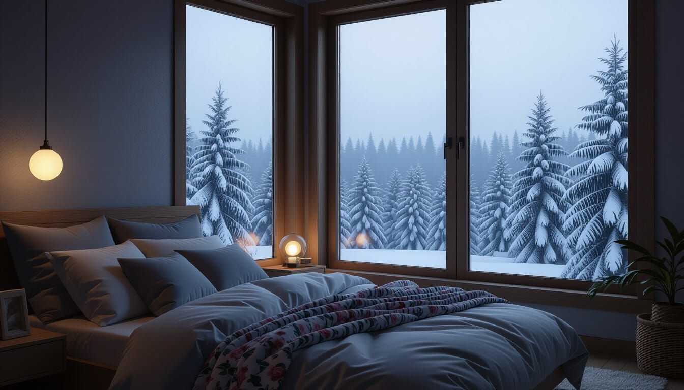Cozy Bedroom with Snowy Forest View