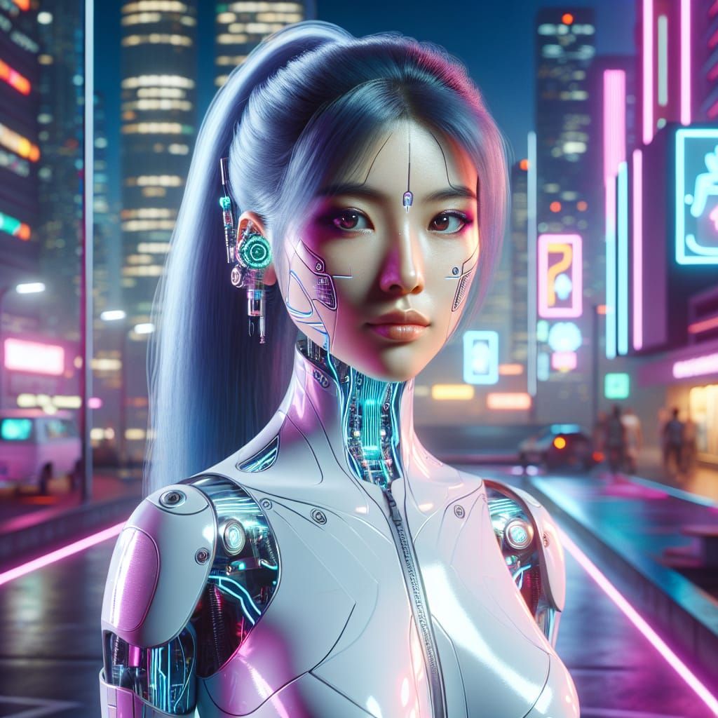 Cyberpunk Woman in Neon-Lit Cityscape