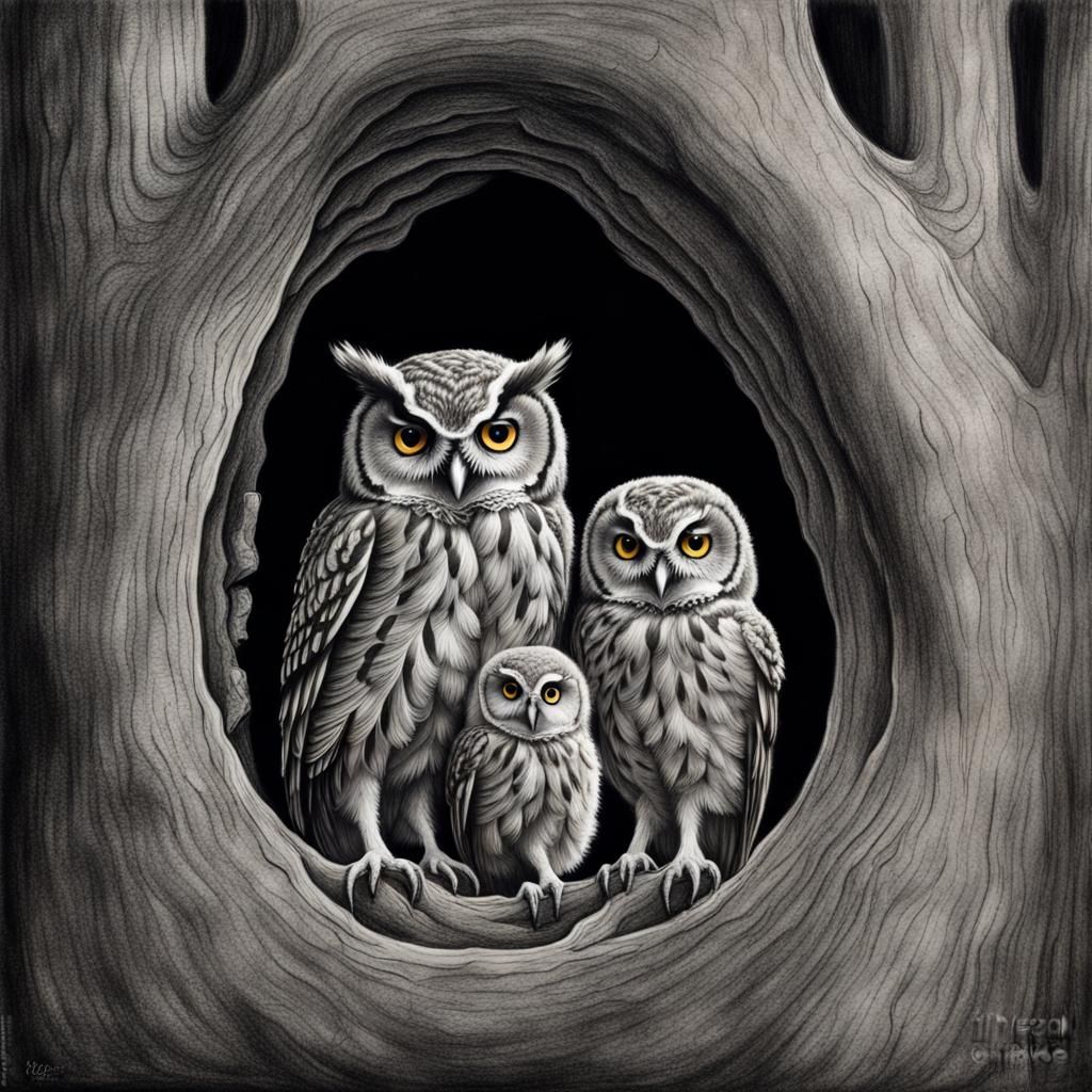 Hyperdetailed Charcoal Drawing of Owl Family