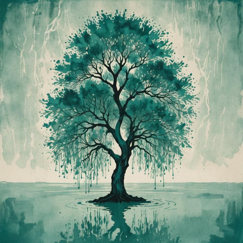 Teal Willow Tree Rorschach Ink Blot
