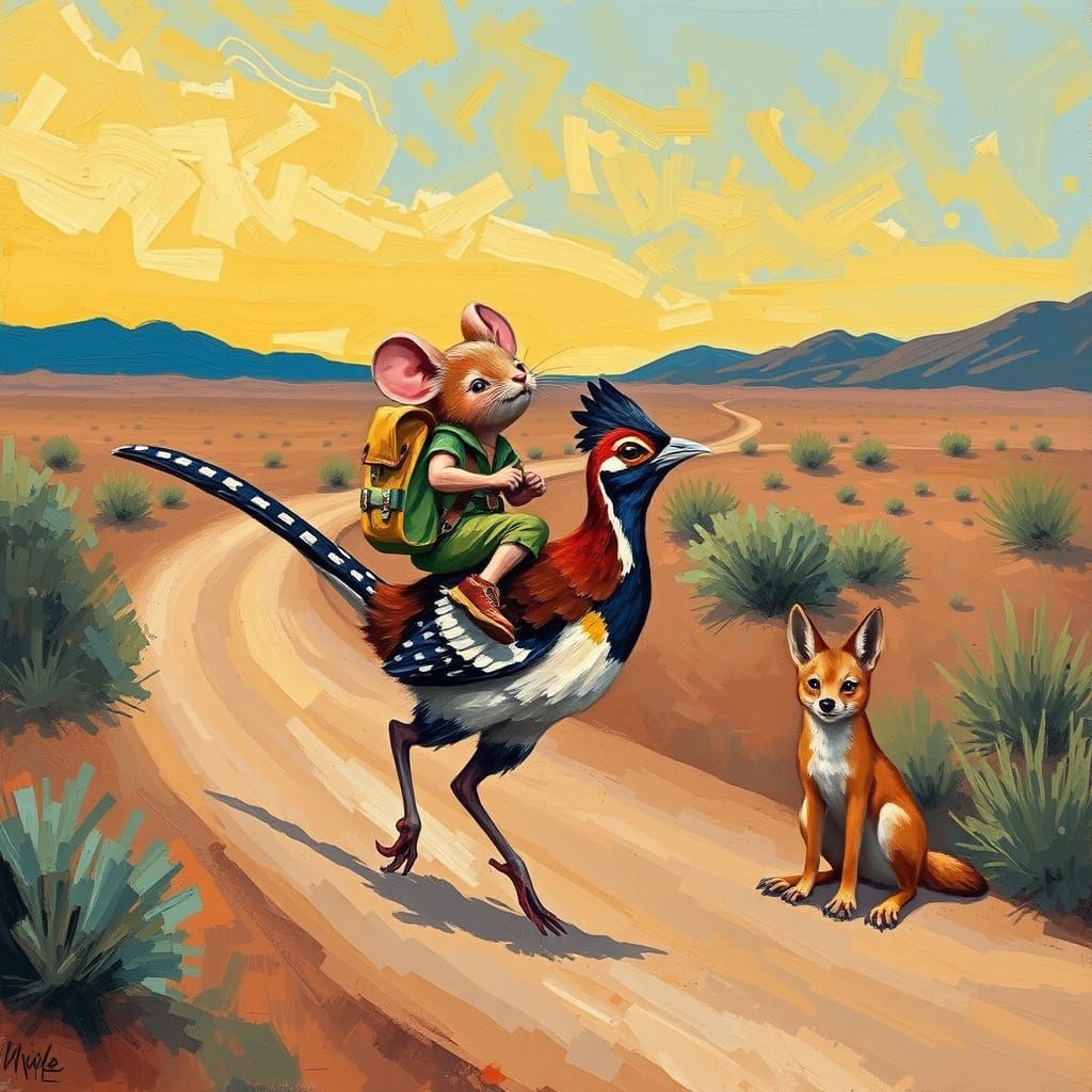 Mouse Rides Roadrunner: Neo-Impressionist Desert Scene