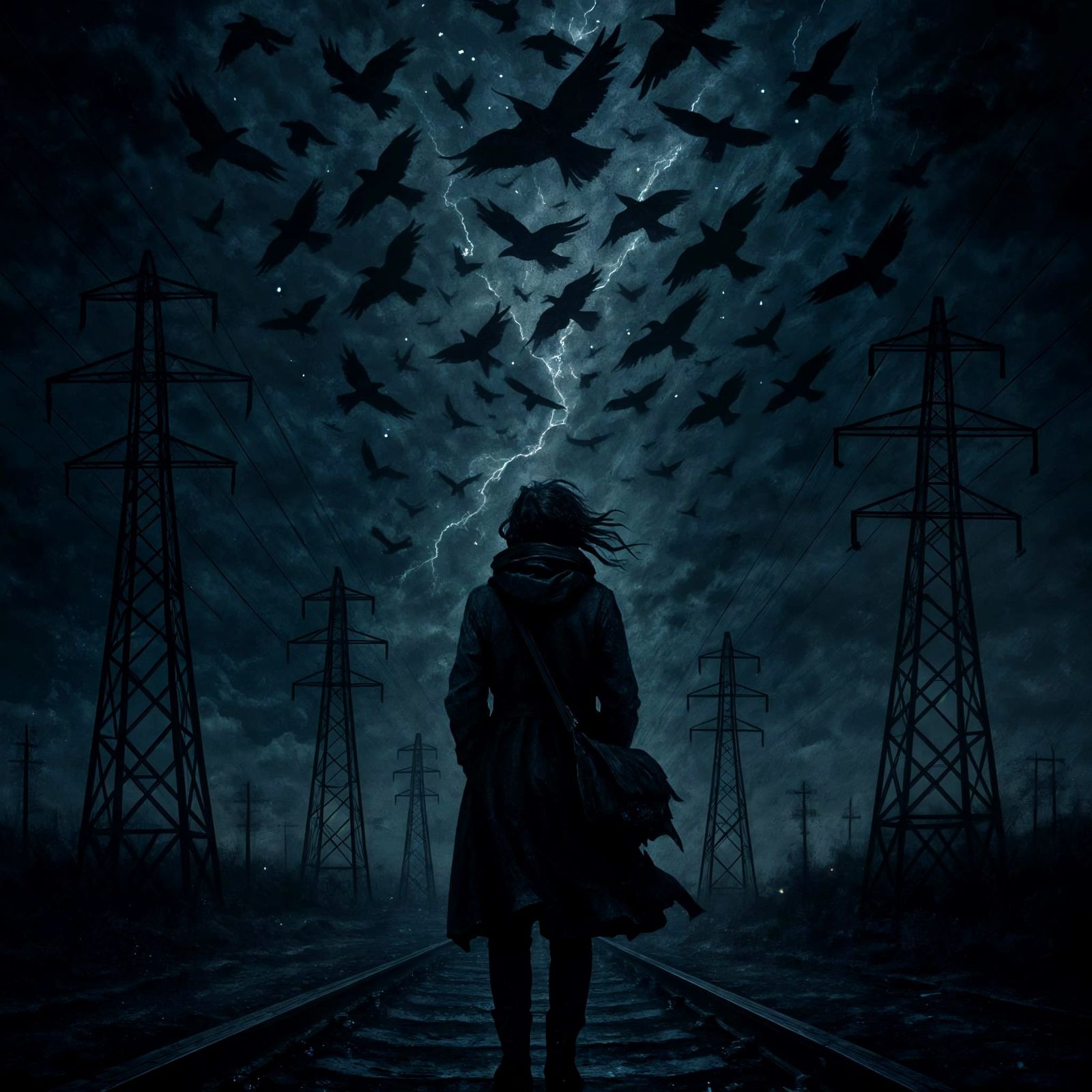 Lonely Figure Watches Stormy Night Sky