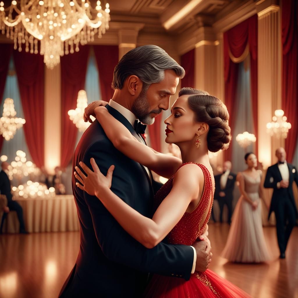 Romantic Ballroom Scene with Lady in Red Gown