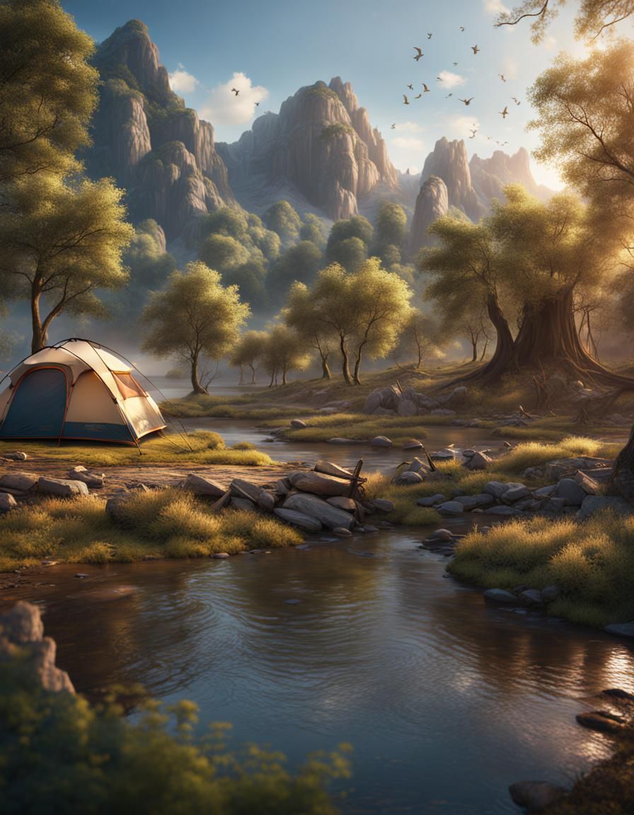 Detailed Campsite by River: Fantasy Concept Art