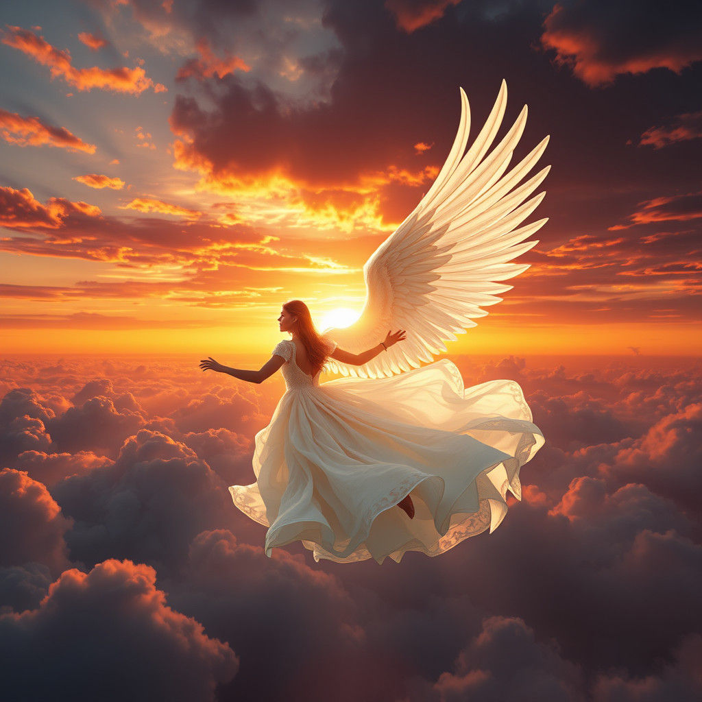 Angelic Figure Soaring in Sunset Sky