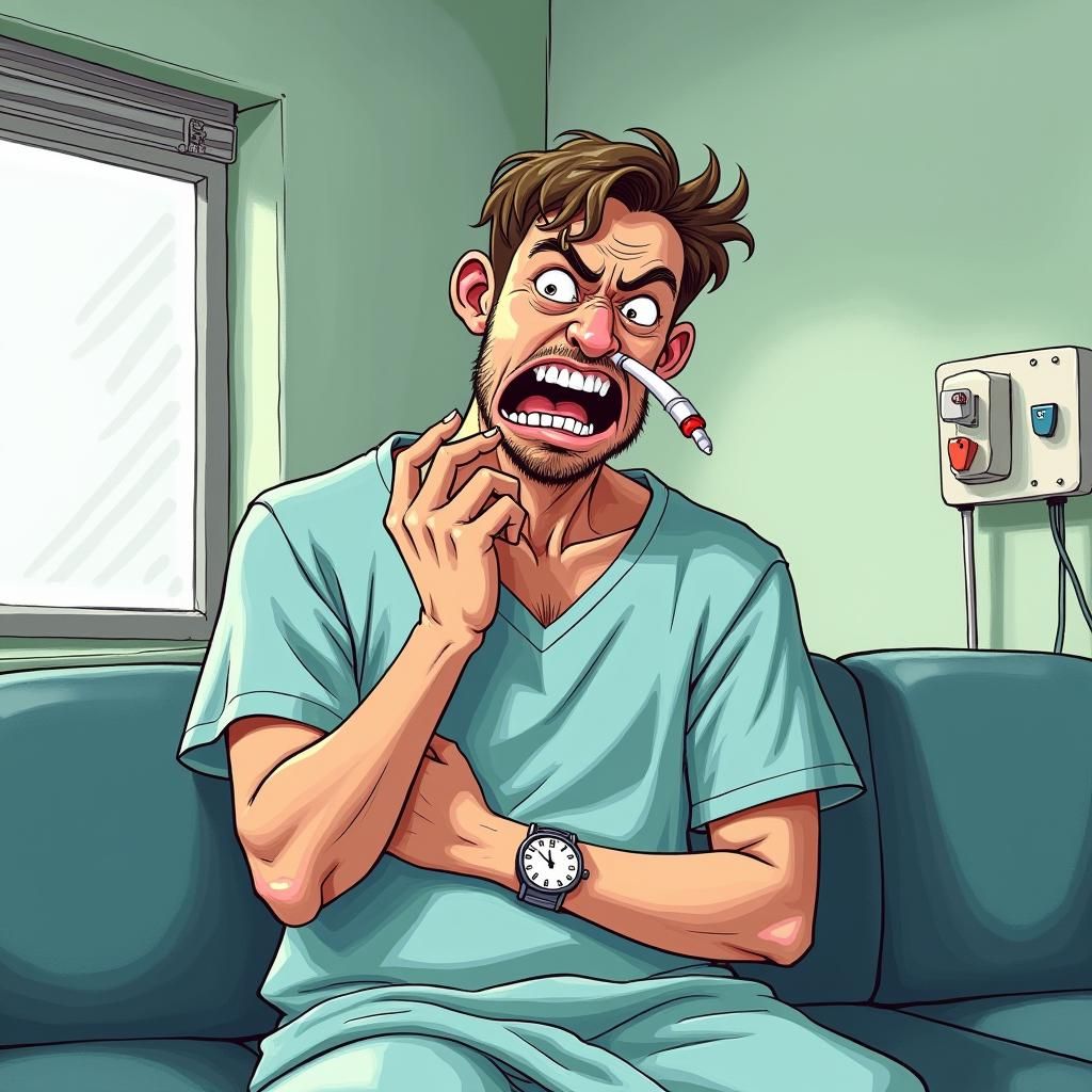 Cartoon Patient Awaiting X-Ray in Radiology Department