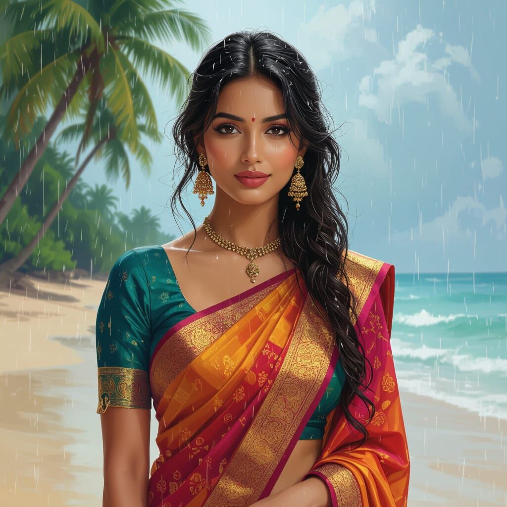Curvy Indian Woman at Rainy Beach in Bollywood Style