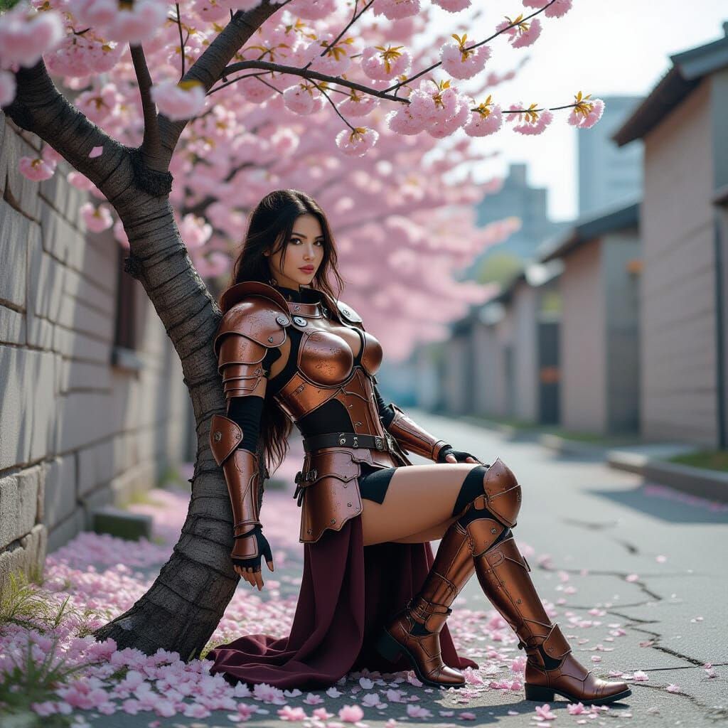Woman in Fused Armor Against Broken Cherry Blossom Tree