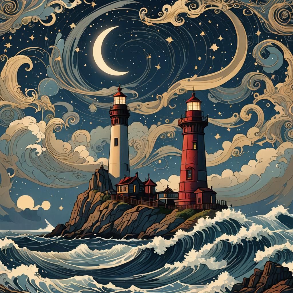 Art Nouveau Lighthouse Under Swirling Starry Skies