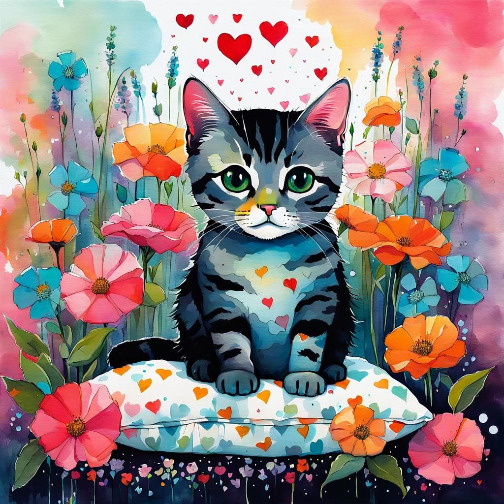 Cute Cat Surrounded by Flowers in Grunge Art