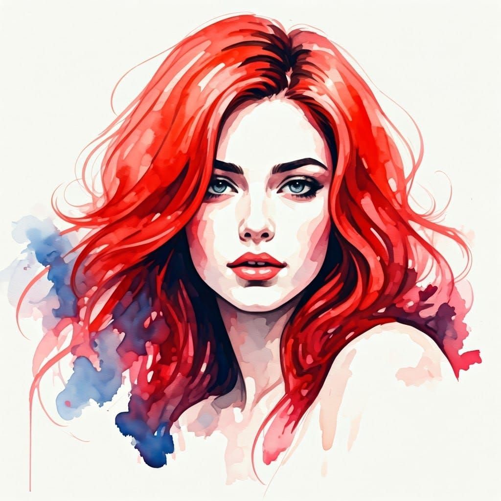 Romantic Watercolor Portrait of a Red Headed Woman