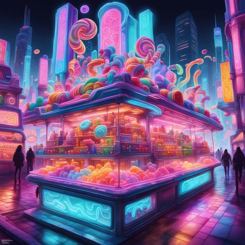 Neon Cyberpunk Candy Creatures in Sugary Cityscape