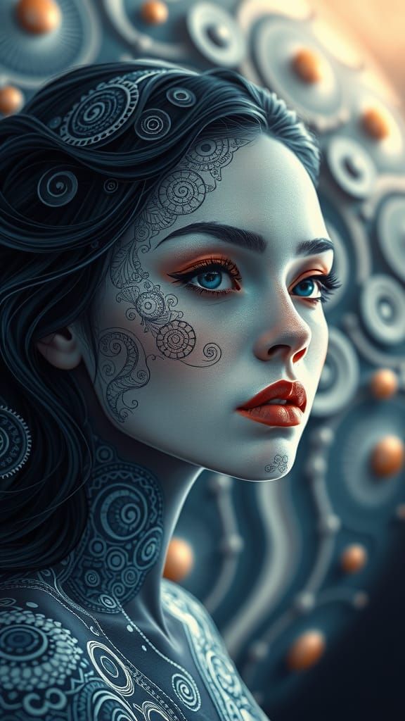 Ethereal Woman with Zentangle Patterns in Abstract Fractal L...