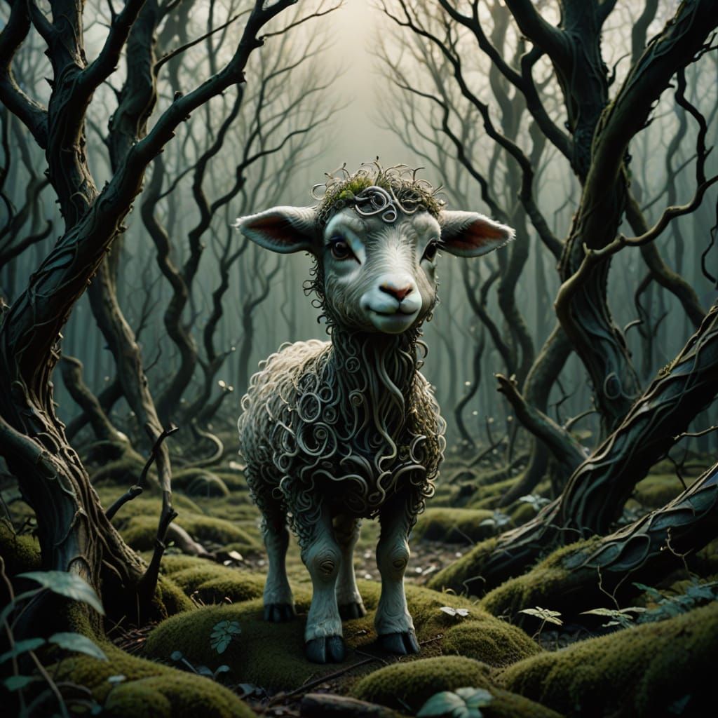 Eerie Lamb in Forest: Tim Burton-Style Fantasy Art
