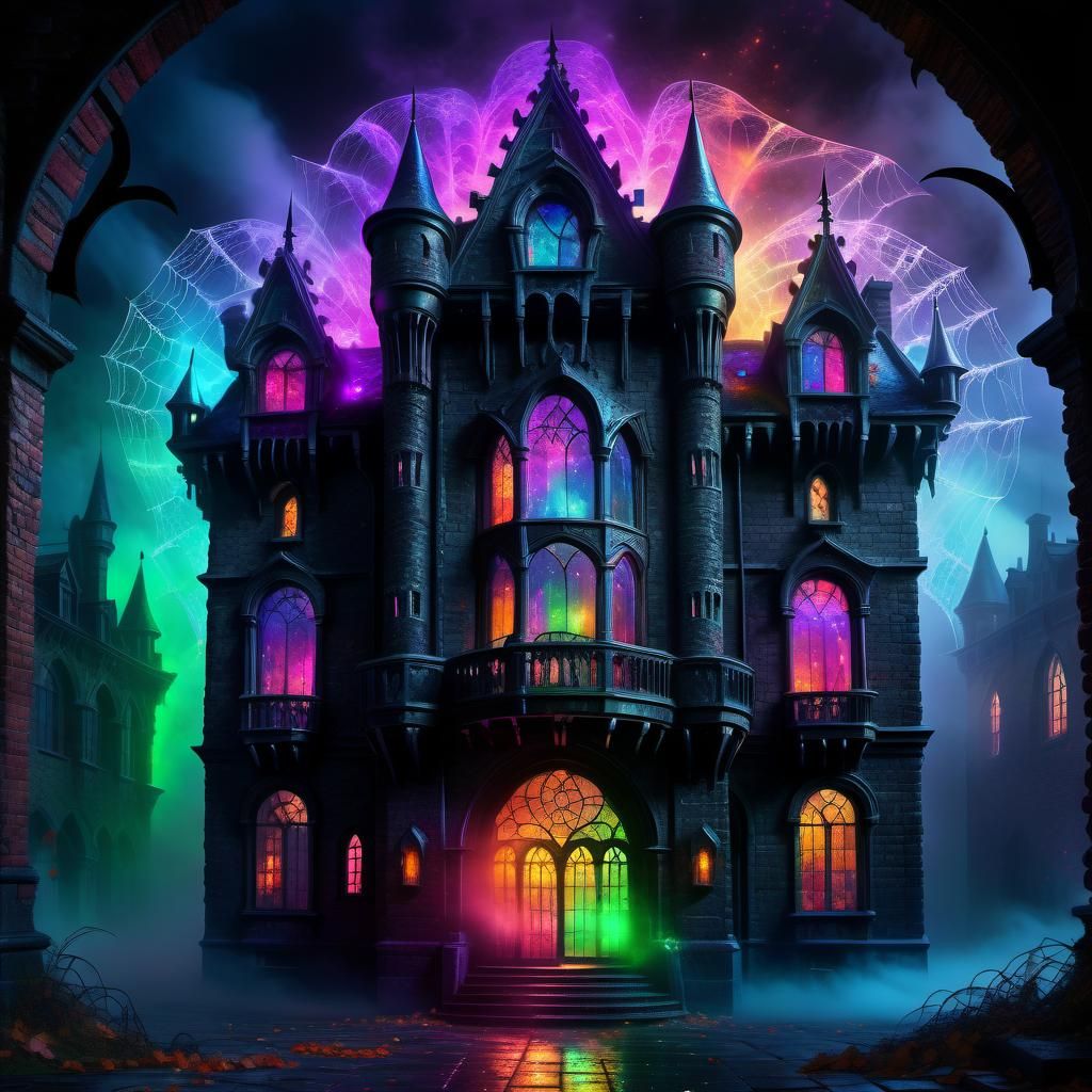 Spooky Abandoned Castle with Colorful Lights