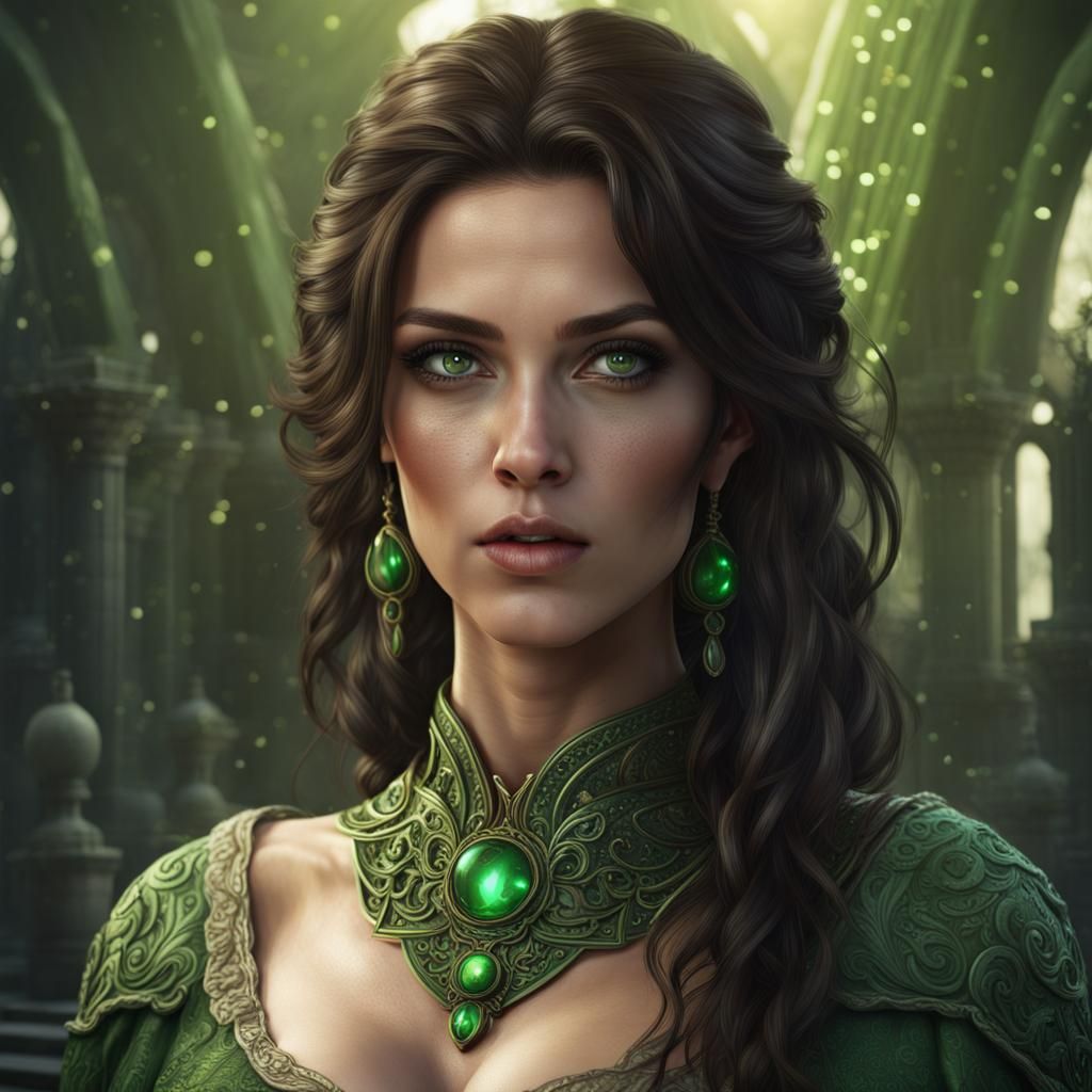 Brunette woman with green eyes, libra