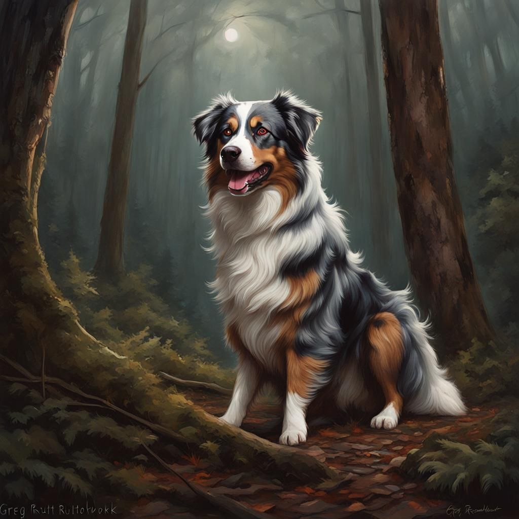 Australian Shepherd in Sinister Forest, Dark Fantasy Art