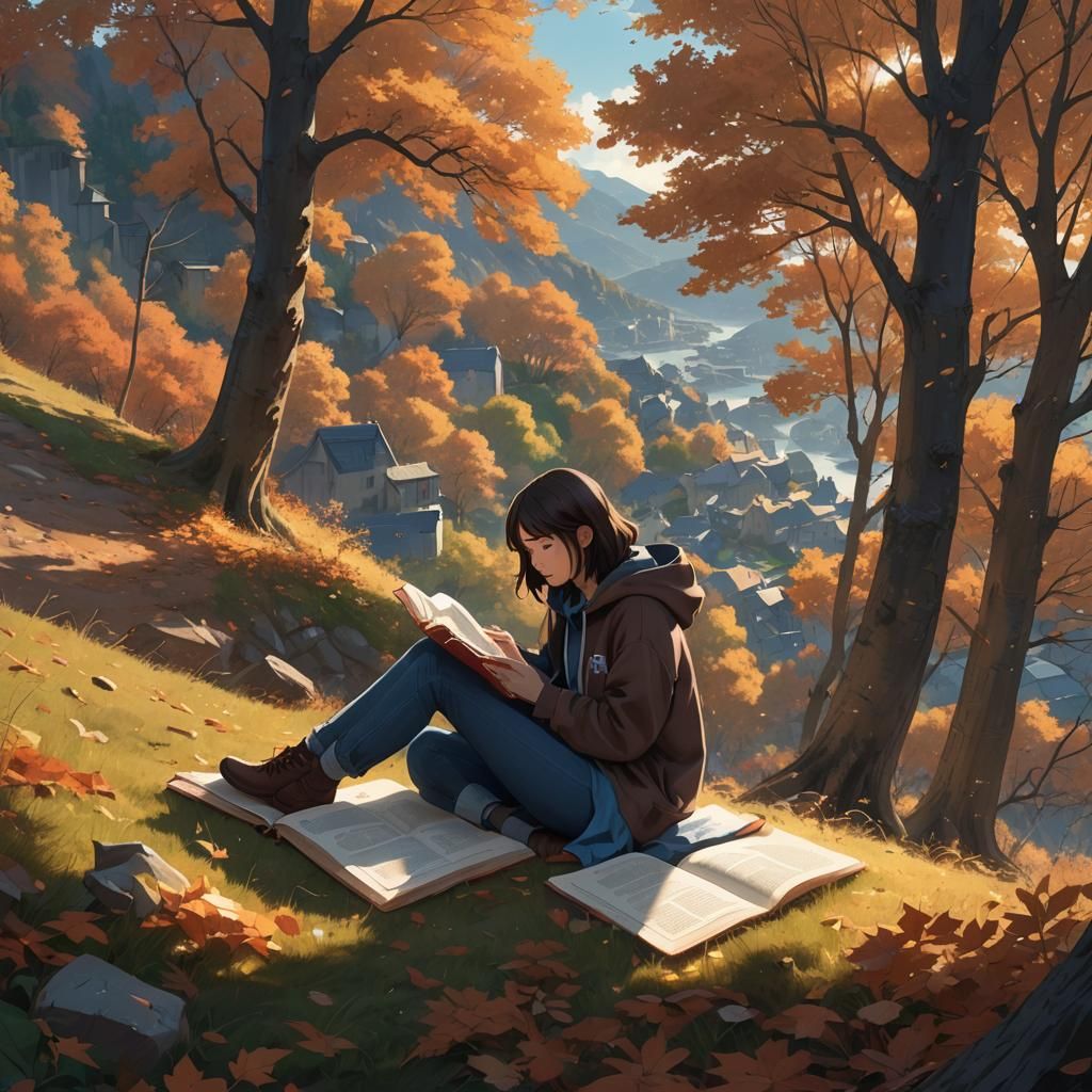 Woman Reading on Autumn Hillside in Matte Painting Style