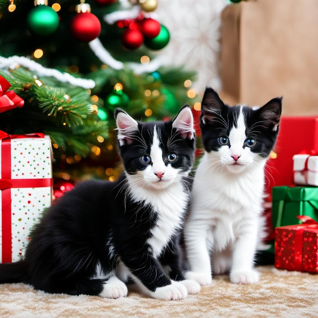 Black and White Kittens Admire Christmas Decor
