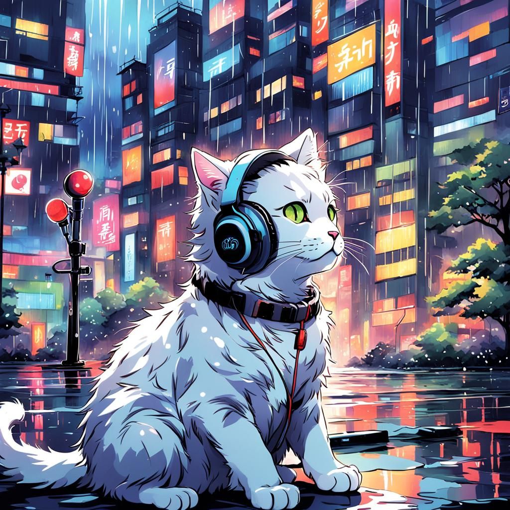 Cat with Headphones in Rainy Anime City