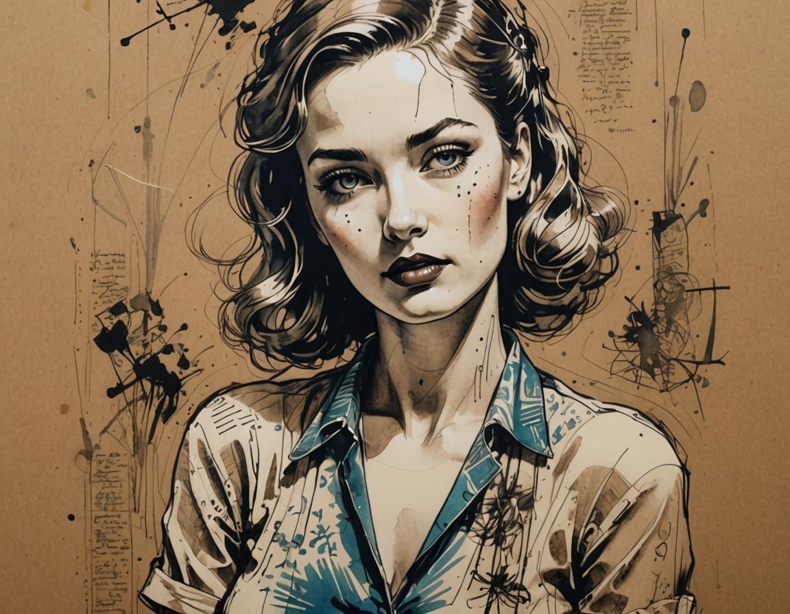 1940s Pin-Up Girl Ink Sketch in Modigliani Style