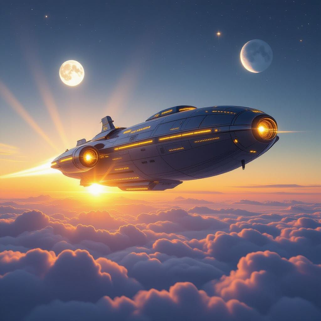 Epic Futuristic Airship Soars Through Sunset Clouds