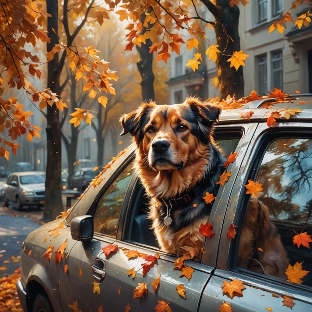 Dog's Autumn Car Ride: Fantasy Oil Painting
