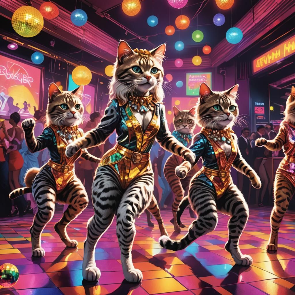 Anthropomorphic Cats Dancing in 1970s Disco, Pop Art