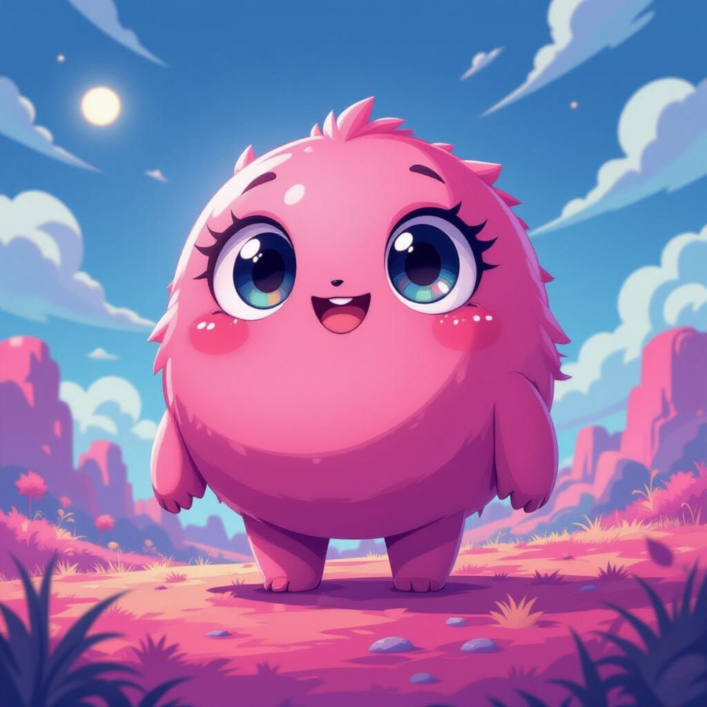 Cute Pink Character in Dreamlike Anime Landscape