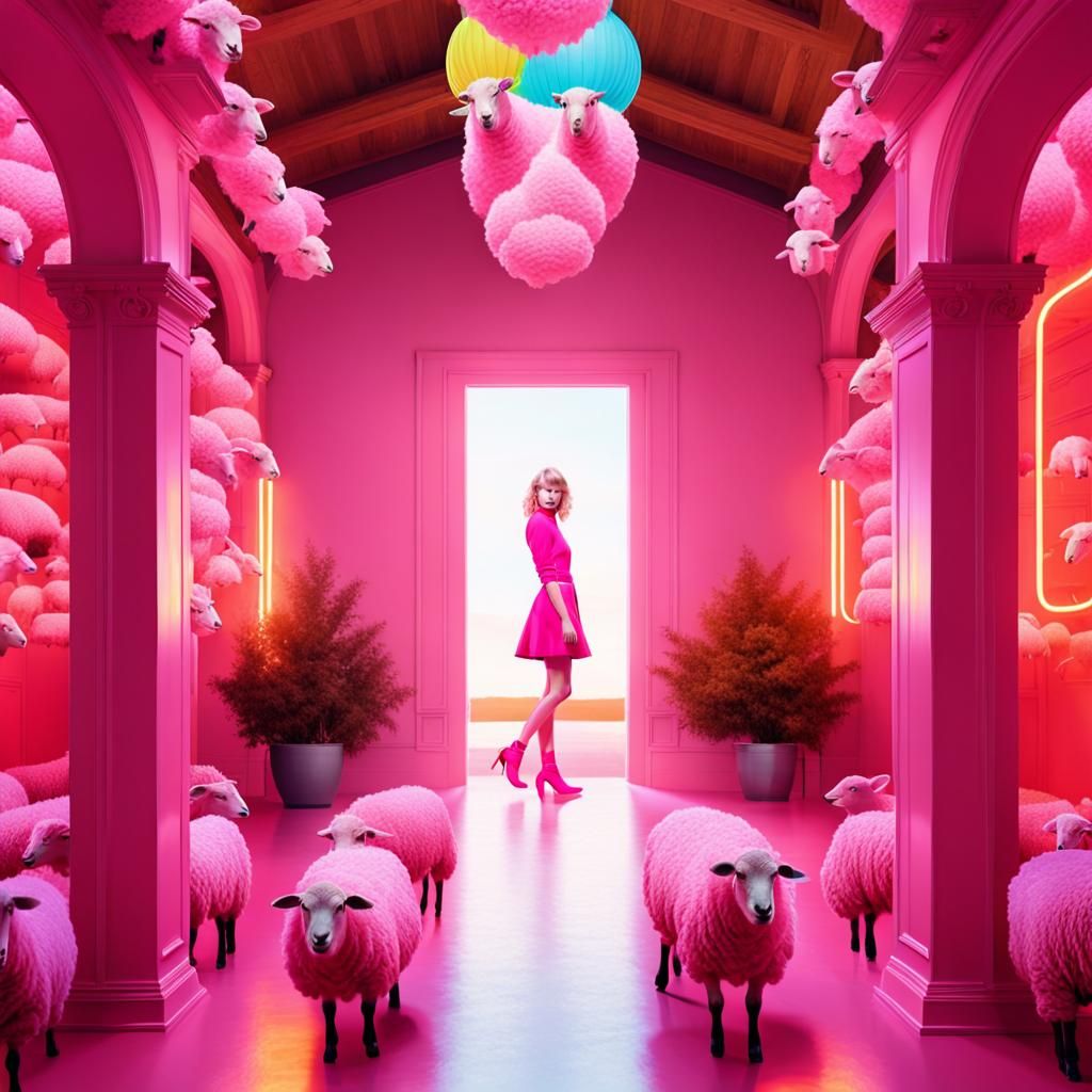 Singer TAYLOR SWIFT in Pink amidst a Flock of pink sheep Neon colors, Nature photography, Realistic and natural
