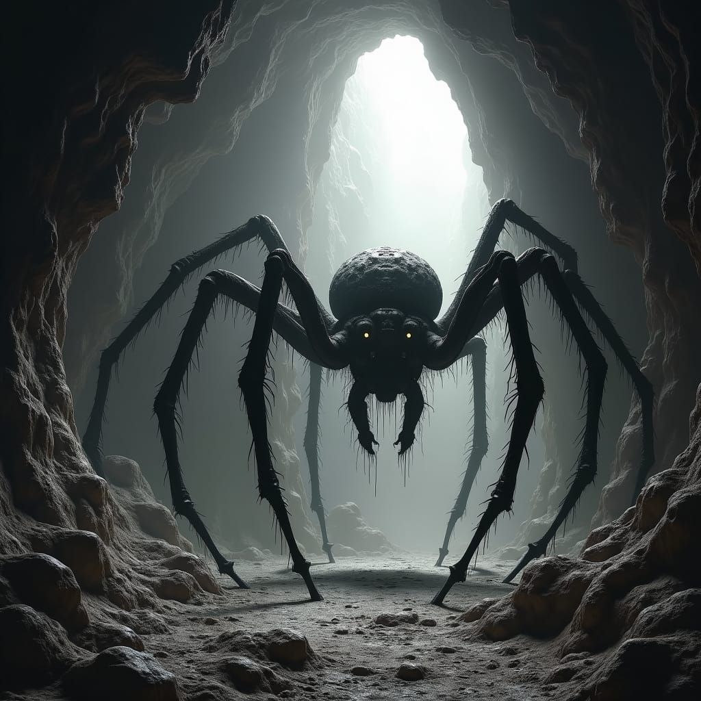 Eerie Spider in Cave: German Expressionist Monochromatic Art
