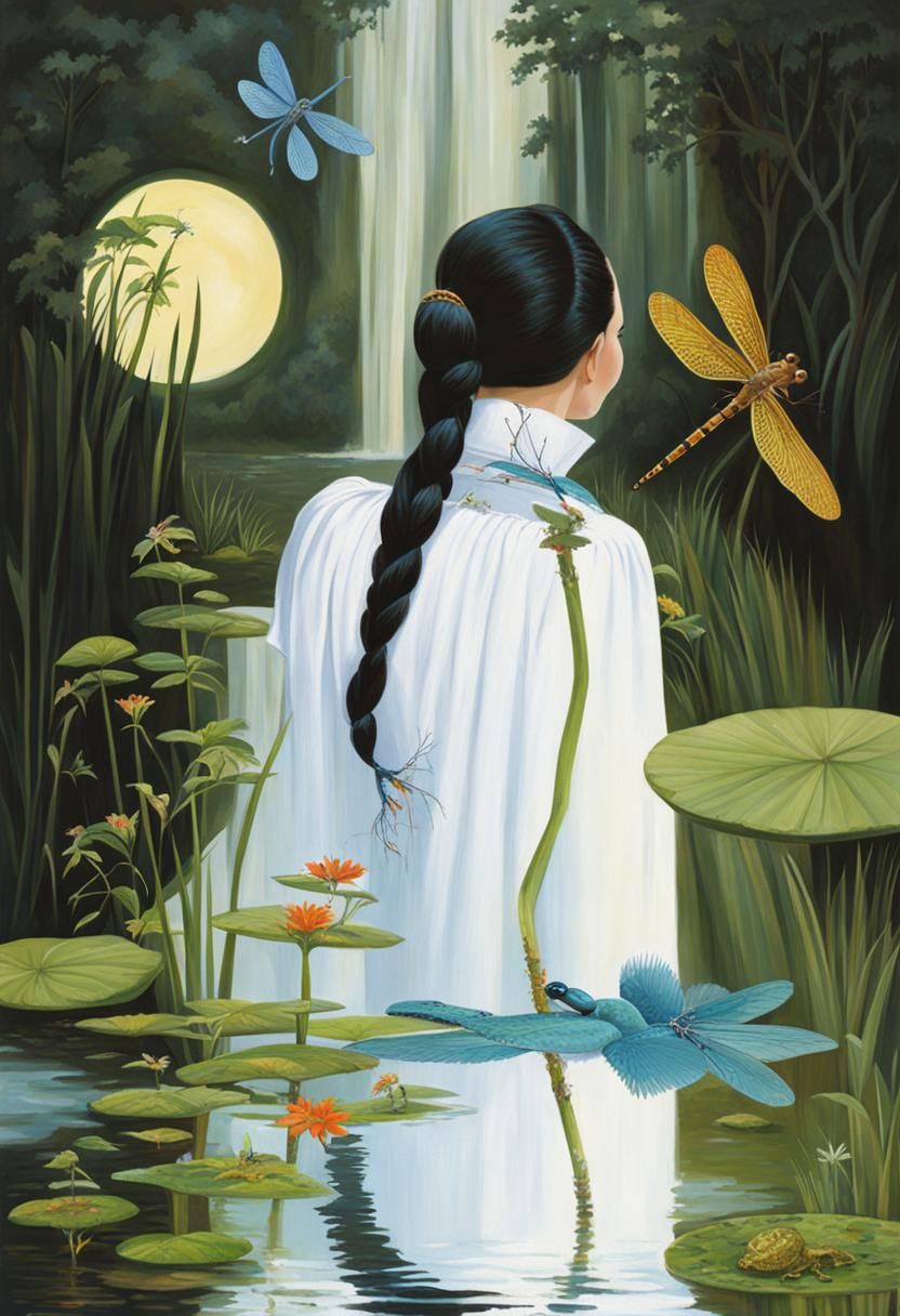 Woman in Bog with Wildlife and Castle